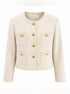 Cicy Bell Tweed Jacket Cream Cropped Gold Button Blazer Chic Old Money Size M